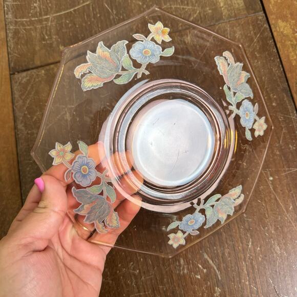 Pink Depression Applied Flocked Style Floral Design Octagon Plate - Picture 6 of 6